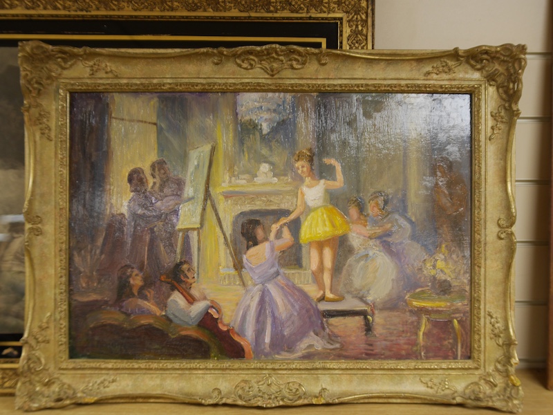 Oil on board, Ballerinas in an artist's studio, indistinctly signed lower left, ornately framed, together with a 19th century mezzotint after George Morland, The Fern Gatherers, largest 44 x 57cm. Condition - one good, o